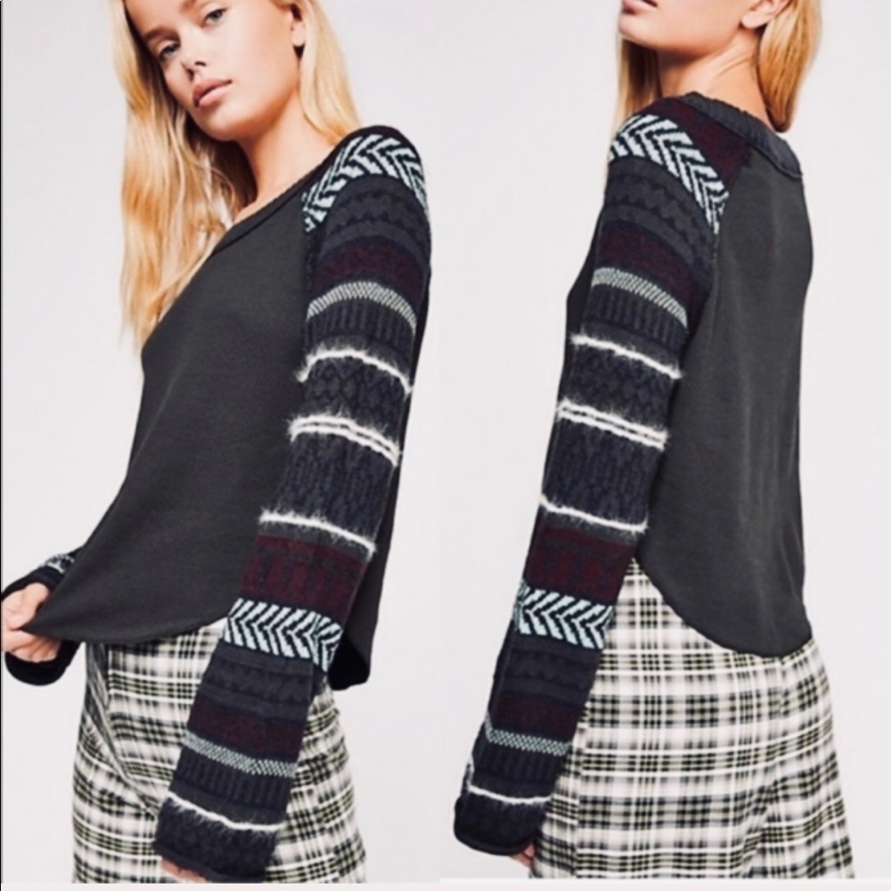Free People Black Sweater with Patterned Multi‑Color Sleeves